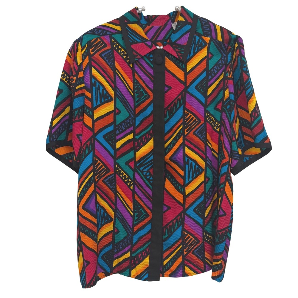 Vtg 80s 90s Geometric Silk Shirt Abstract Bold Colorful Unisex Women L Men M EUC